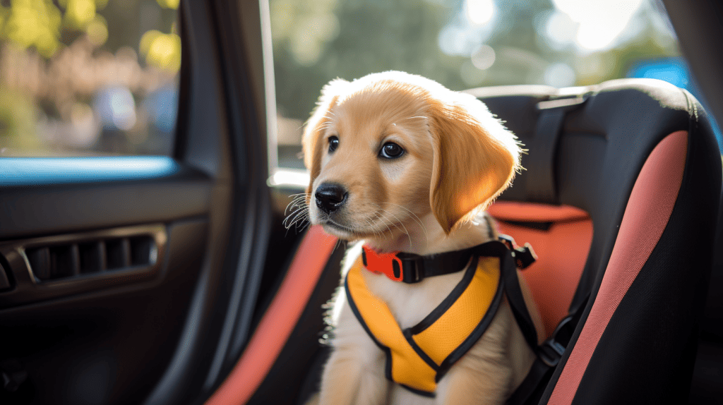 koolkat555 A calm Golden Retriever puppy in a car safely secure 838889e9 0aac 44d7 87ca 0606eae11b1a