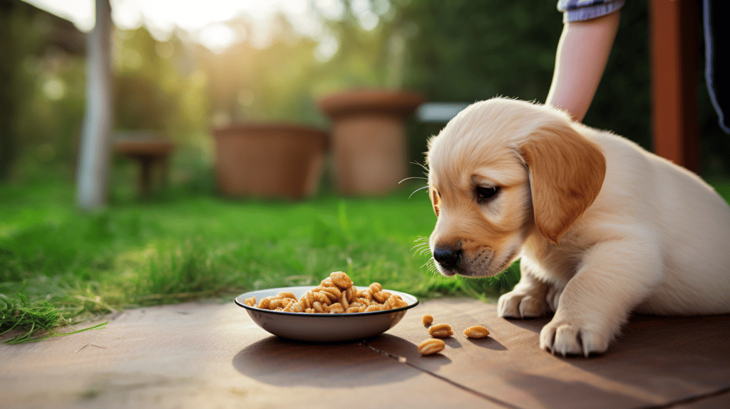 koolkat555 A person feeding a Golden Retriever puppy with a hig a0b0bf55 a861 4275 ab91 a3191f86f4b7