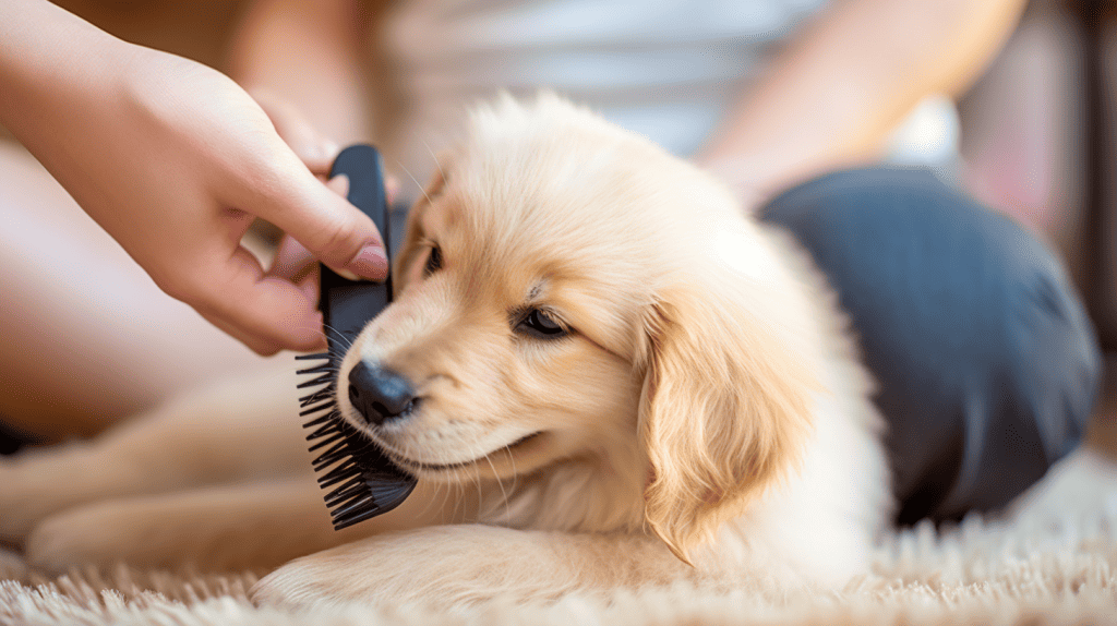 koolkat555 Golden Retriever puppy being gently brushed by an ow 6305d439 463f 44bf 8c5f 35ae542c3dd4