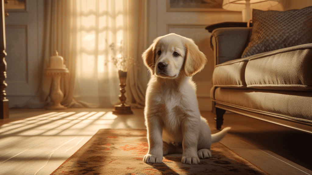 koolkat555 Golden Retriever puppy exploring a living room under 5b022115 65bf 4676 baab ae9ba818670f