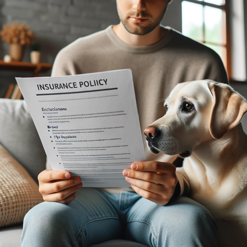 DALL·E 2024 04 26 12.53.28 A concerned pet owner reading an insurance policy document with a Labrador retriever sitting beside them. The document highlights exclusions and breed