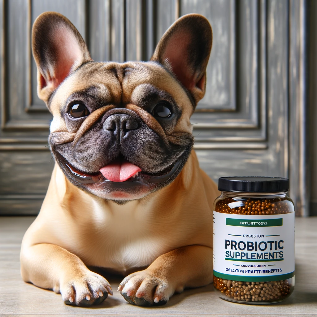 a dog sitting next to a jar of probiotics