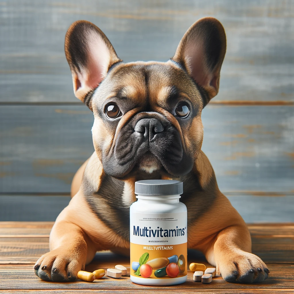 a dog sitting next to a bottle of multivitamin